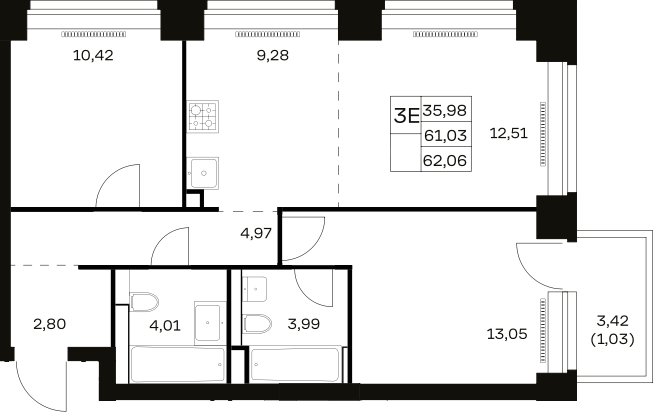 3-комн., 61.03 м², 3/40 этаж, ЖК «НОВА»