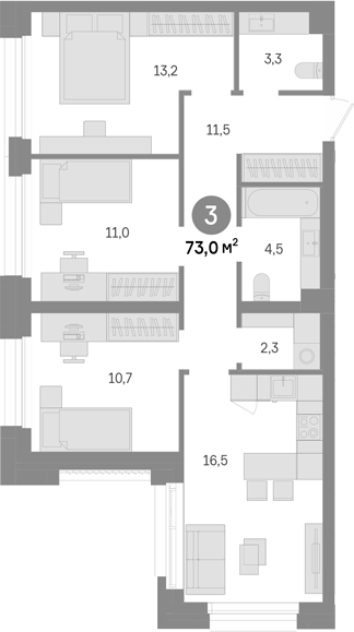 3-комн., 73 м², 24/43 этаж, ЖК «Квартал Издание»