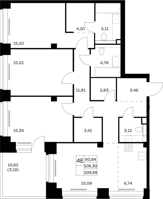 3-комн., 106.3 м², 33/40 этаж, ЖК «НОВА»