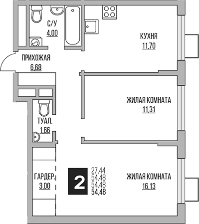 2-комн., 54.48 м², 2/12 этаж, ЖК «Гранель Мытищи»