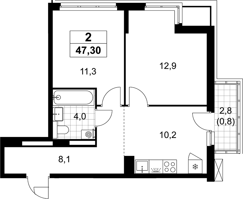 2-комн., 46.5 м², 11/12 этаж, ЖК «Деснаречье»