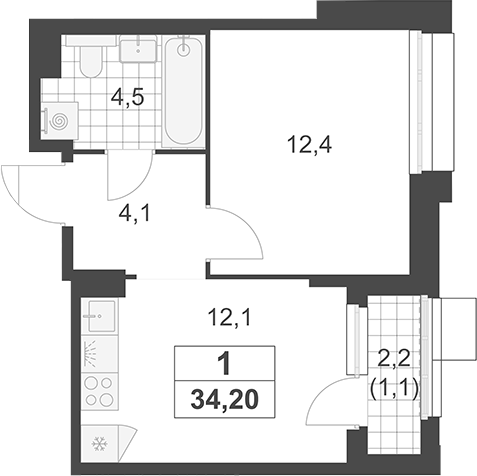 1-комн., 33.1 м², 4/19 этаж, ЖК «Южные сады»