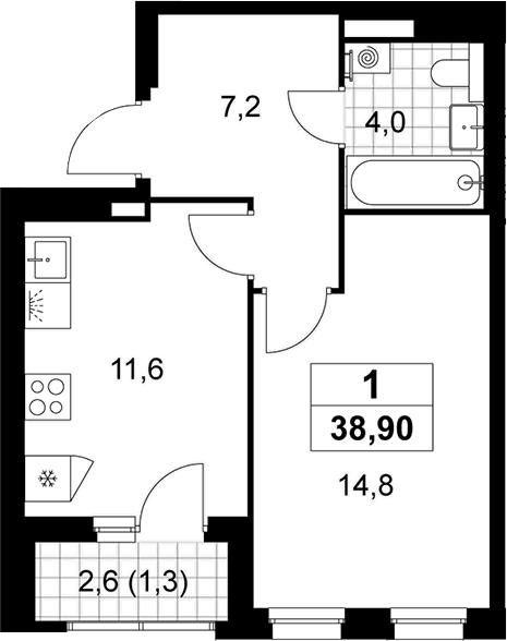 1-комн., 37.6 м², 12/12 этаж, ЖК «Деснаречье»