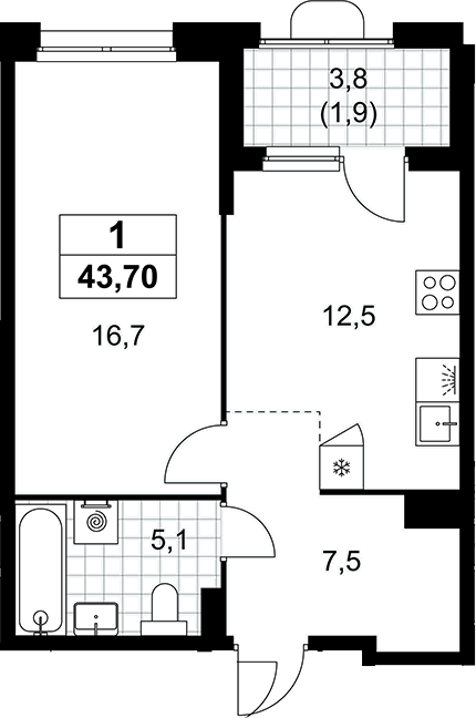 1-комн., 41.8 м², 7/16 этаж, ЖК «Прокшино»