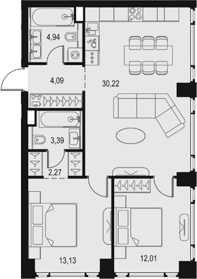 3-комн., 70.05 м², 2/29 этаж, ЖК «Левел Павелецкая Сити»