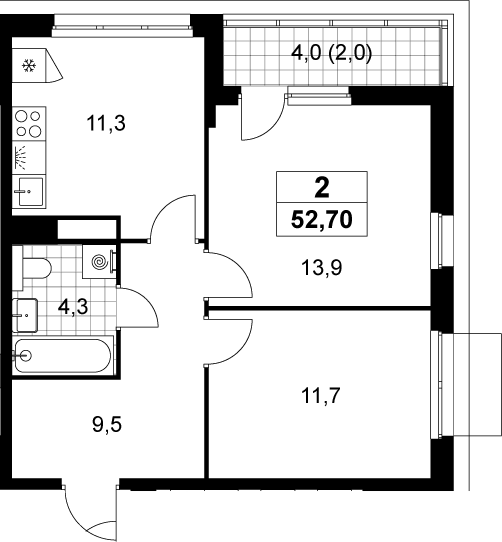 2-комн., 50.7 м², 3/15 этаж, ЖК «Деснаречье»