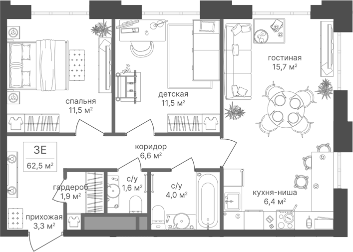 3-комн., 62.5 м², 19/20 этаж, ЖК «Михалковский»