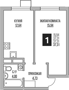 1-комн., 37.31 м², 4/12 этаж, ЖК «Гранель Мытищи»