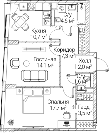 2-комн., 61.31 м², 40/60 этаж, ЖК «СЕЗАР БУДУЩЕЕ»