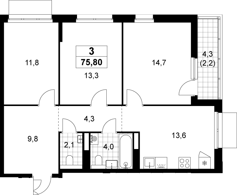 3-комн., 73.6 м², 14/19 этаж, ЖК «Деснаречье»