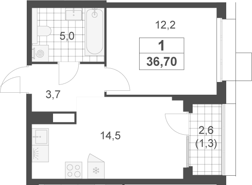 1-комн., 35.4 м², 4/17 этаж, ЖК «Скандинавия»