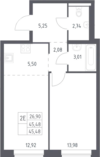 2-комн., 45.48 м², 3/12 этаж, ЖК «Новое Видное»