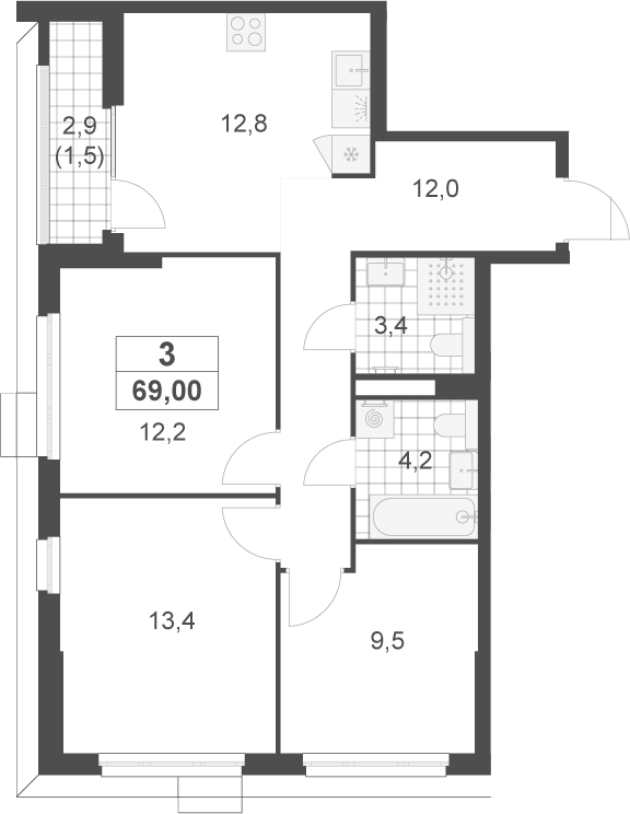 3-комн., 67.5 м², 8/22 этаж, ЖК «Скандинавия»