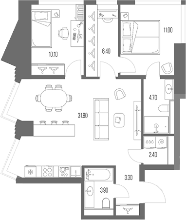 2-комн., 73.6 м², 10/54 этаж, ЖК «Северный Порт»