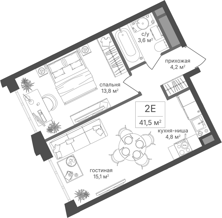 2-комн., 41.5 м², 17/20 этаж, ЖК «Михалковский»