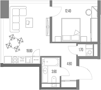 1-комн., 42.6 м², 51/54 этаж, ЖК «Северный Порт»
