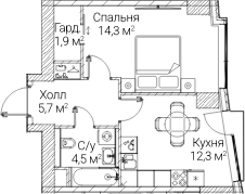 1-комн., 38.31 м², 9/60 этаж, ЖК «СЕЗАР БУДУЩЕЕ»