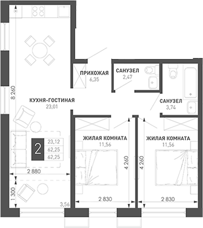 2-комн. квартира, 58.69 м² в ЖК Иначе в Молодежном — фото 2