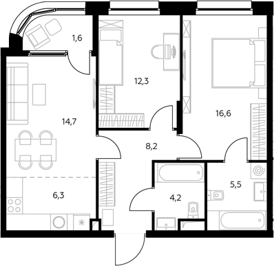 3-комн., 68.2 м², 32/43 этаж, ЖК «Адмирал»