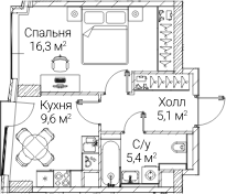 1-комн., 35.8 м², 39/60 этаж, ЖК «СЕЗАР БУДУЩЕЕ»