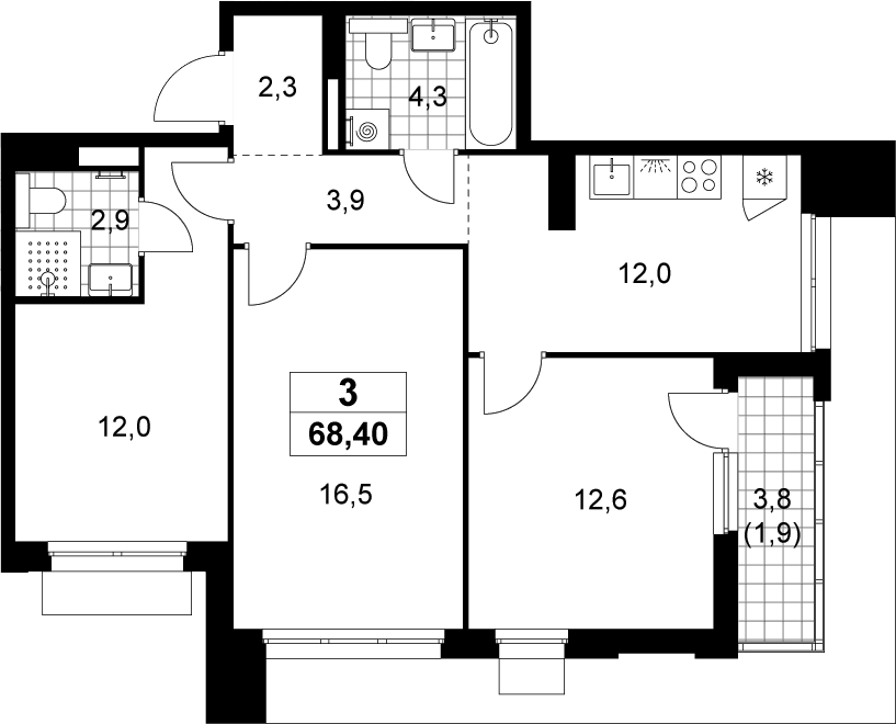 3-комн., 66.5 м², 19/22 этаж, ЖК «Деснаречье»
