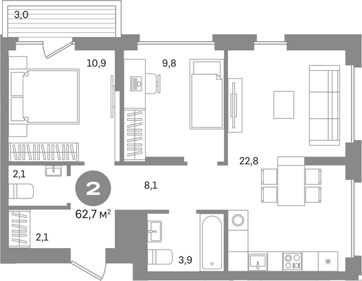 2-комн., 59.7 м², 3/8 этаж, ЖК «Первый квартал. Вторая очередь»