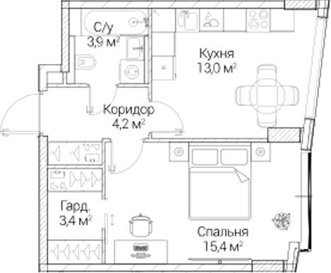 1-комн., 39.81 м², 2/6 этаж, ЖК «СЕЗАР БУДУЩЕЕ»