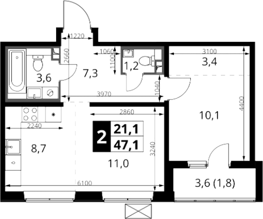 2-комн., 45.3 м², 3/24 этаж, ЖК «1-й Южный»