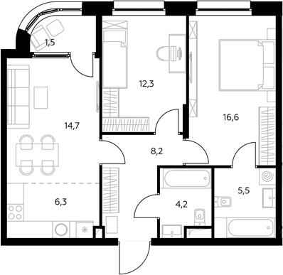 3-комн., 68.1 м², 33/43 этаж, ЖК «Адмирал»