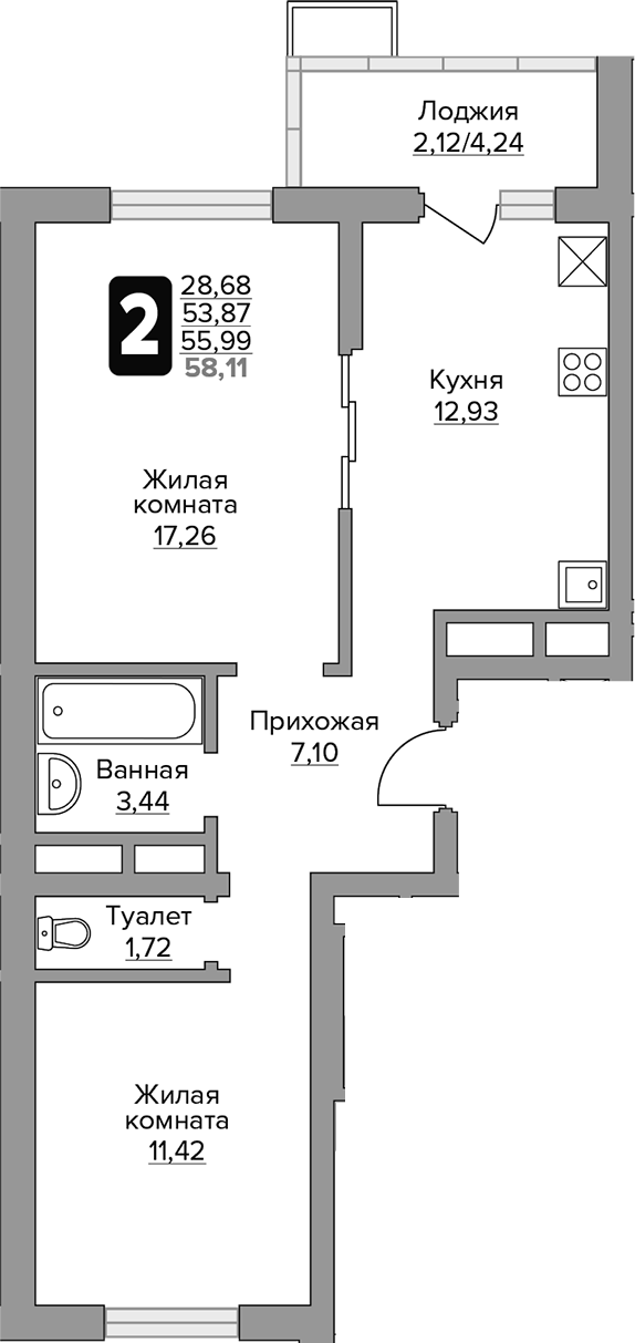 2-комн., 55.98 м², 14/14 этаж, ЖК «Гранель Алексеевская роща»