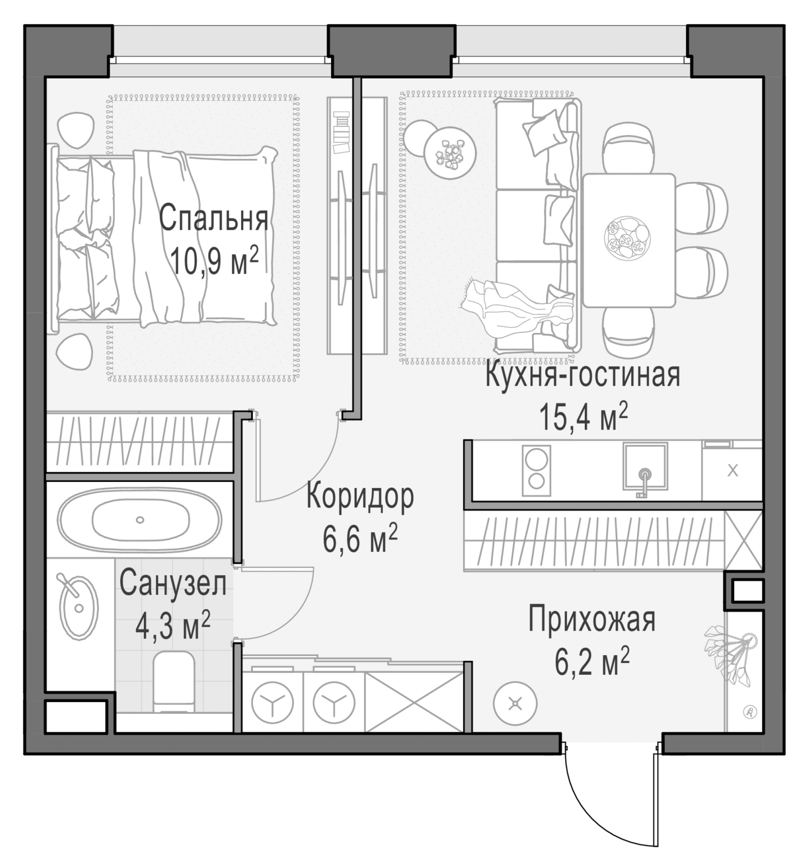 2-комн., 43.2 м², 14/23 этаж, ЖК «Белый Град»