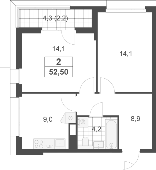 2-комн., 50.3 м², 9/17 этаж, ЖК «Скандинавия»