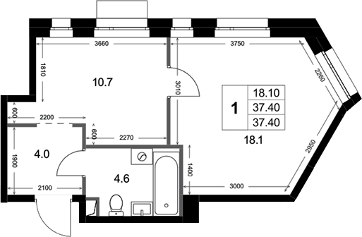 1-комн., 37.4 м², 3/3 этаж, ЖК «Кореневский Форт 2.3»