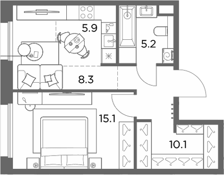 2-комн., 44.6 м², 5/6 этаж, ЖК «Станиславский»