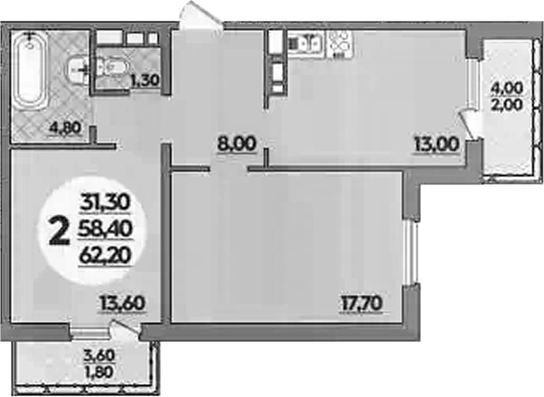 2-комн., 58.4 м², 16/18 этаж, ЖК «Парк у дома»
