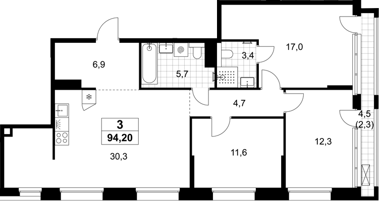 4+ комнаты, 91.9 м², 13/15 этаж, ЖК «Хольм»