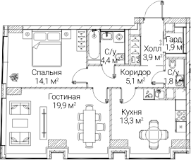 2-комн., 64.36 м², 32/60 этаж, ЖК «СЕЗАР БУДУЩЕЕ»