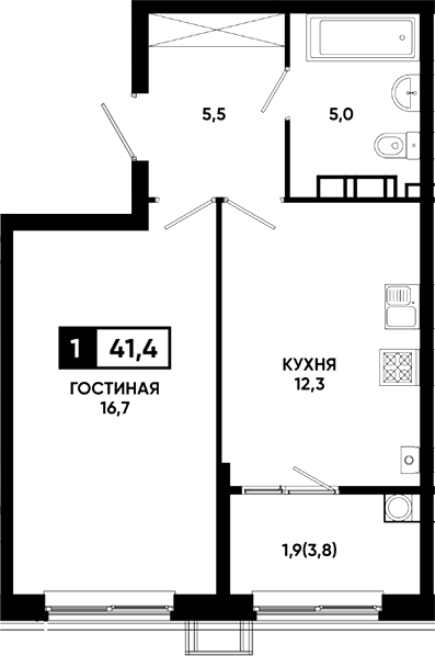 1-комн., 39.5 м², 2/23 этаж, ЖК «Резиденция Софи»