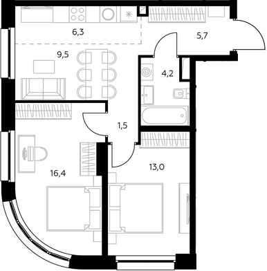 3-комн., 57 м², 32/43 этаж, ЖК «Адмирал»