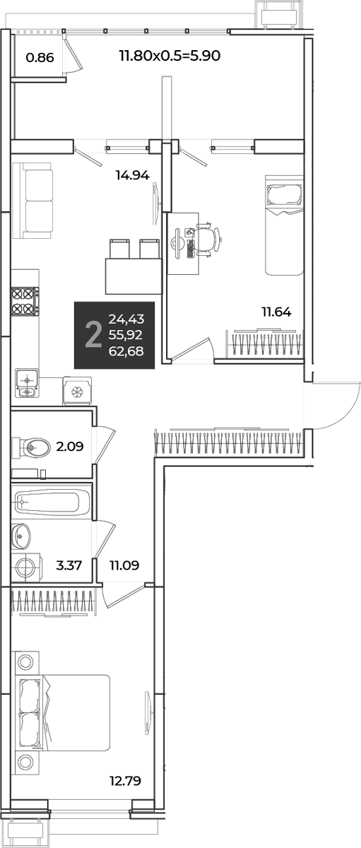 2-комн., 55.92 м², 2/18 этаж, ЖК «Образцово»