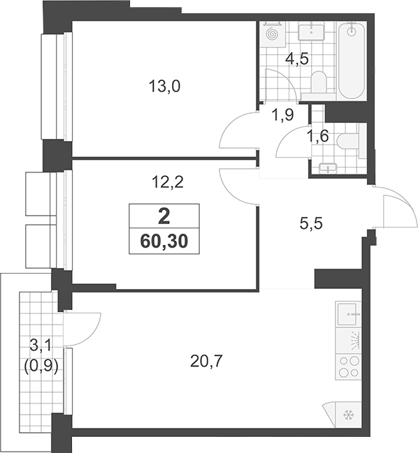 3-комн., 59.4 м², 15/19 этаж, ЖК «Южные сады»