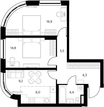 3-комн., 62.7 м², 8/43 этаж, ЖК «Адмирал»