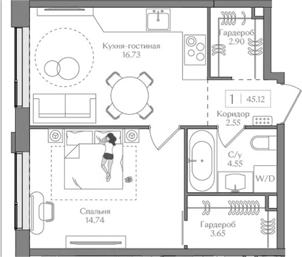 2-комн., 45.12 м², 13/14 этаж, ЖК «Преображенская площадь»