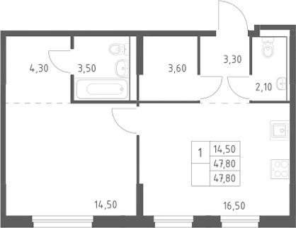 2-комн., 47.8 м², 24/25 этаж, ЖК «Химки Парк»