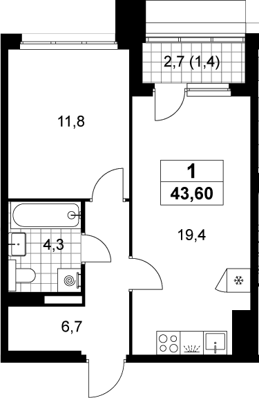 2-комн., 42.2 м², 11/15 этаж, ЖК «Деснаречье»