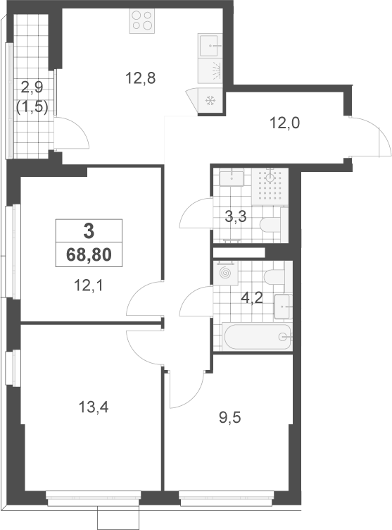 3-комн., 67.3 м², 3/22 этаж, ЖК «Скандинавия»