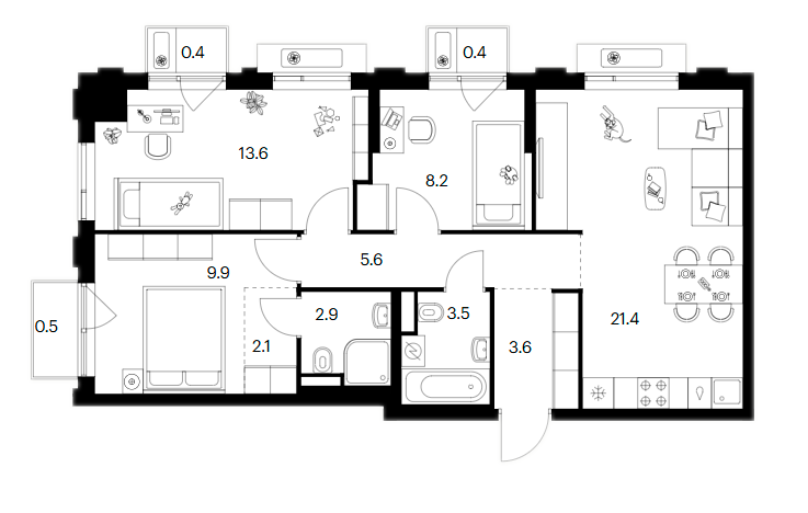 3-комн., 70.8 м², 8/17 этаж, ЖК «Лосиноостровский парк»