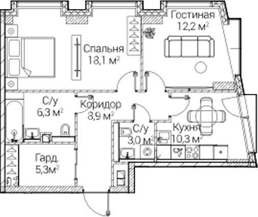 2-комн., 64.06 м², 17/41 этаж, ЖК «СЕЗАР БУДУЩЕЕ»