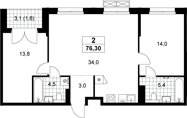 3-комн., 74.7 м², 13/13 этаж, ЖК «Хольм»
