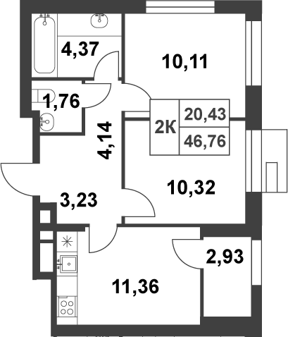 2-комн., 45.29 м², 11/16 этаж, ЖК «Смарт Гарден»
